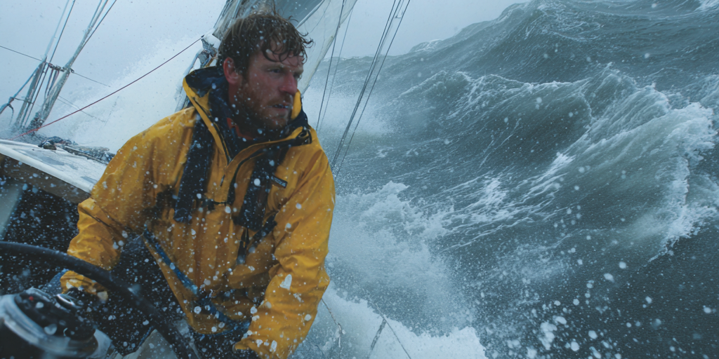 Sailor at the helm in a yellow jacket driving through rough seas and crashing waves
